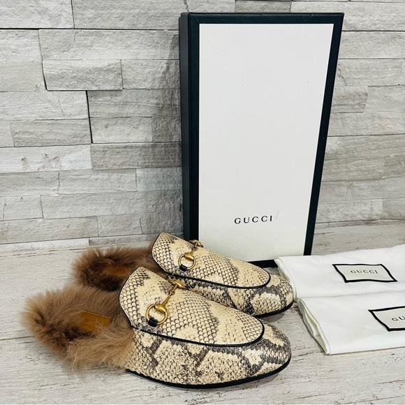 Gucci Princetown Python Fur Slipper EU 38 US 8 Horsebit Mule Loafer Flats Beige - Picture 1 of 16